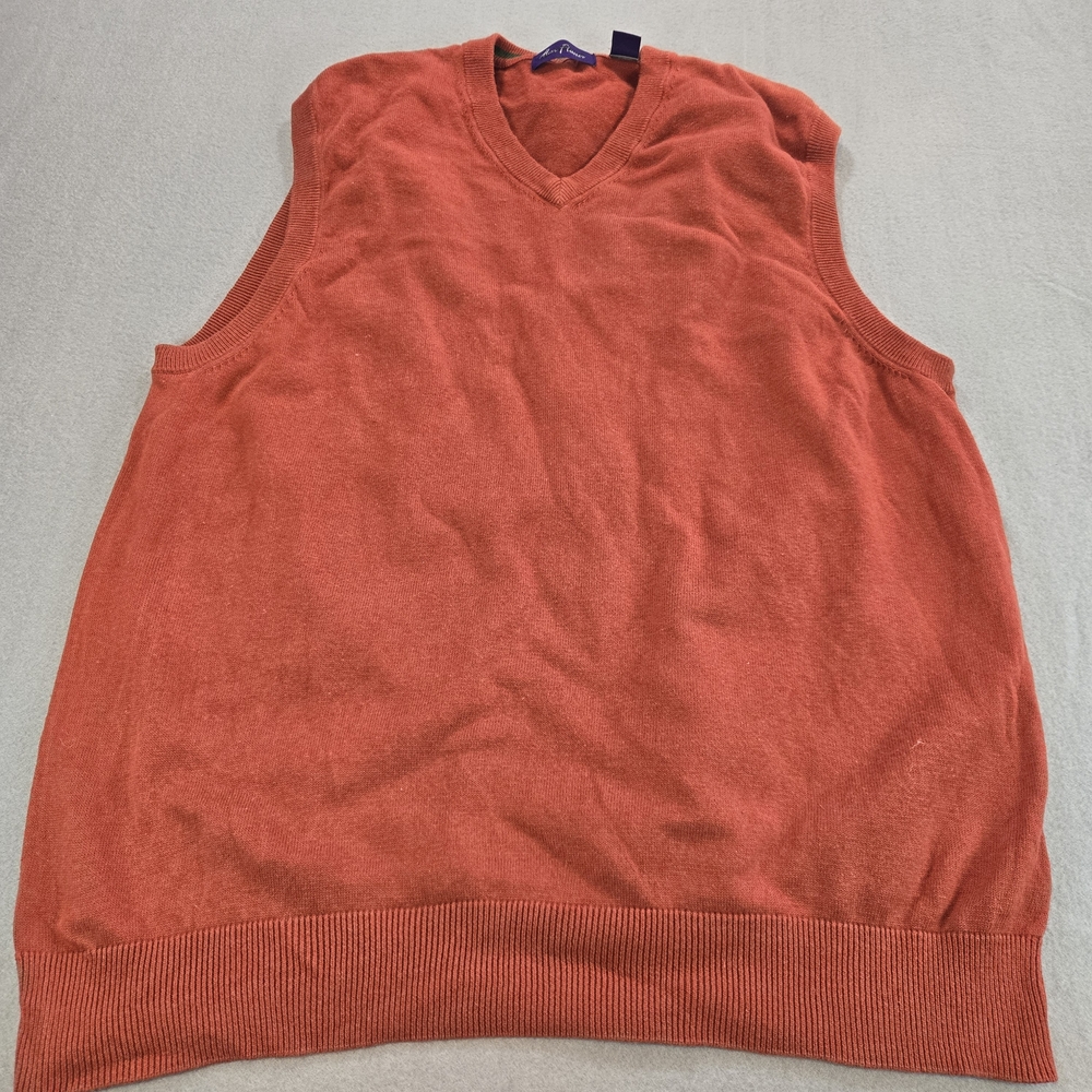 Alan Flusser Sweater Vest Mens XL Orange V-Neck‎ 100% Cotton Knit Sleeveless